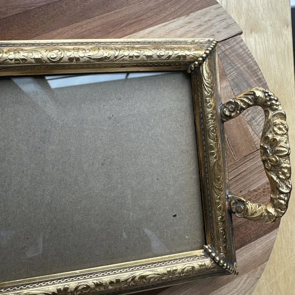 Vintage Picture Vanity Tray 8.5 Inch‎ Handles Velvet Gold Plate Ornate Flowers